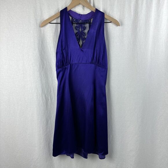 Jessica McClintock Gunne Sax Purple Satin Lace Sheer Back Mini Dress 9/10 Prom - Picture 1 of 13